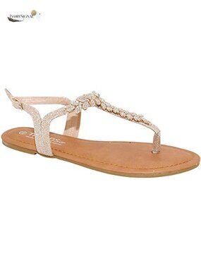 Women's T-Strap Rhinestone Glitter Flat Sandals